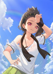 Rule 34 | 1girl, absurdres, arm up, azur lane, bangs pinned back, bare shoulders, black bra, black hair, black headband, black towel, blue sky, bra, breasts, clothes writing, cloud, collarbone, commentary, cooper (azur lane), cooper (blazing tennis battle) (azur lane), day, eir, green skirt, hachimaki, hand on forehead, hand on own hip, headband, highres, looking at viewer, off-shoulder shirt, off shoulder, parted lips, pink eyes, pleated skirt, rainbow, see-through, shirt, short hair, short sleeves, single sidelock, skirt, sky, small breasts, smile, solo, standing, sunlight, sweat, towel, towel around neck, underwear, upper body, wet, wet clothes, wet shirt, white shirt, wristband