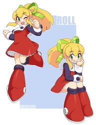 Rule 34 | 1girl, absurdres, blonde hair, blue background, boots, border, bow, character name, dress, foot up, frilled skirt, frills, green eyes, grin, hair bow, hand on own chin, highres, invisible chair, long hair, long sleeves, looking at viewer, mega man (classic), mega man (series), mega man 8, nico-neko, one eye closed, open mouth, ponytail, red dress, roll (mega man), sidelocks, sitting, skirt, smile, white border