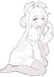 Rule 34 | 1girl, absurdres, azur lane, between legs, blush, closed mouth, collared shirt, dress shirt, hand between legs, hand up, highres, long hair, long sleeves, looking at viewer, monochrome, moyoron, no shoes, off shoulder, official alternate costume, one eye closed, shirt, simple background, sitting, sleepy, solo, spot color, tashkent (azur lane), tashkent (the blue snoozer) (azur lane), thighhighs, very long hair, wariza, white background