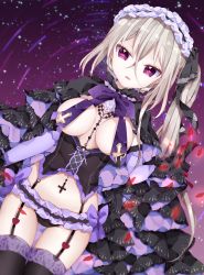 Rule 34 | 1girl, bad id, bad pixiv id, black panties, black thighhighs, blonde hair, breasts, corset, cross, dress, fangs, garter straps, highres, jewelry, lace, lace-trimmed legwear, lace trim, lolita fashion, long hair, necklace, original, panties, purple eyes, reflection, side ponytail, sky, solo, star (sky), starry sky, thighhighs, toma tokage, underwear