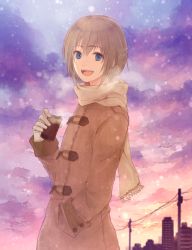 Rule 34 | 1boy, :d, armin arlert, bad id, bad pixiv id, blonde hair, blue eyes, breath, building, can, canned coffee, coat, coffee, contemporary, drink can, gloves, hand in pocket, harumoti, male focus, open mouth, power lines, scarf, shingeki no kyojin, short hair, smile, snowing, solo, utility pole