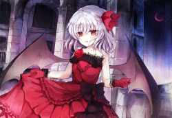 Rule 34 | 1girl, alternate costume, bat wings, bow, collarbone, crescent moon, dress, female focus, flower, gloves, hair bow, looking at viewer, moon, na s, nazuka (mikkamisaki), red dress, red eyes, red gloves, remilia scarlet, rose, silver hair, smile, solo, touhou, wings