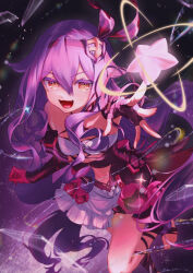 Rule 34 | 1girl, absurdres, bare shoulders, breasts, commentary, detached sleeves, english commentary, gloves, hair between eyes, highres, honkai (series), honkai impact 3rd, hyourou m, long hair, looking at viewer, navel, open mouth, pink gloves, purple hair, sirin, sirin (miracle magical girl), skirt, small breasts, solo, star (symbol), stirrup legwear, symbol-shaped pupils, toeless legwear, very long hair, white skirt, yellow eyes