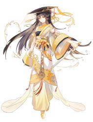 Rule 34 | 1girl, bare shoulders, black hair, black hat, breasts, brown eyes, character request, closed mouth, dress, food fantasy, fre (haochilanzuo), full body, hair between eyes, hat, holding, holding sword, holding weapon, light smile, long hair, long sleeves, medium breasts, official art, see-through, see-through sleeves, simple background, sleeveless, sleeveless dress, solo, standing, sword, very long hair, weapon, white background, wide sleeves, yellow dress