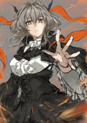 Rule 34 | 1girl, arknights, ascot, black ascot, black dress, breasts, commentary, commentary request, dragon horns, dress, expressionless, grey eyes, grey hair, highres, horns, long hair, looking at viewer, marche mk14, medium breasts, open mouth, parted lips, simple background, sketch, solo, talulah (arknights), upper body