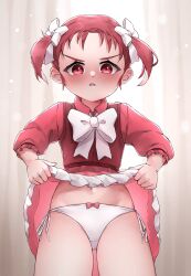 Rule 34 | 1girl, absurdres, accel world, belly, blush, blush stickers, clothes lift, commission, dress, ears, highres, kouzuki yuniko, looking at viewer, navel, panties, red eyes, red hair, ribbon, simple background, skirt, skirt lift, thighs, underwear, white panties