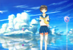 Rule 34 | 1girl, arms behind back, black eyes, black hair, blouse, blue skirt, blue sky, cloud, cloudy sky, collarbone, day, expressionless, eyebrows, highres, key kun, looking at viewer, neckerchief, original, parted lips, pleated skirt, reflection, road sign, school uniform, serafuku, shirt, short hair, short sleeves, sign, skirt, sky, solo, standing, thighhighs, white shirt, white thighhighs, zettai ryouiki
