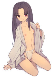 Rule 34 | 1girl, black hair, breasts, cameltoe, cleft of venus, closed mouth, collarbone, everyntrge, fundoshi, highres, japanese clothes, light smile, long hair, long sleeves, looking at viewer, navel, nipples, open clothes, original, red eyes, sidelocks, simple background, sitting, small breasts, solo, tagme, white background