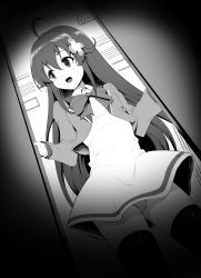 Rule 34 | 1girl, :d, absurdres, amamiya mimori, blush, bow, commentary request, dress, dutch angle, flower, greyscale, hair between eyes, hair flower, hair ornament, highres, jacket, locker, locker room, long hair, long sleeves, looking away, looking to the side, momio, monochrome, open clothes, open jacket, open mouth, panties, shadowverse (anime), sleeves past wrists, smile, solo, thighhighs, underwear, very long hair