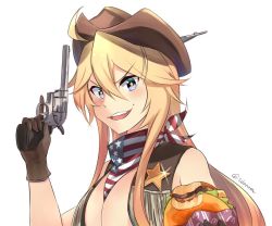 Rule 34 | &gt;:d, 10s, 1girl, :d, ahoge, alternate costume, american flag, bad id, bad twitter id, bandana, blonde hair, blue eyes, breasts, burger, cleavage, commentary request, cowboy hat, cowboy western, flag print, food, food on face, gloves, grin, gun, hair between eyes, handgun, hat, headgear, holding, holding food, holding gun, holding weapon, ido (teketeke), iowa (kancolle), kantai collection, large breasts, long hair, looking at viewer, open mouth, revolver, simple background, smile, solo, sparkle, star-shaped pupils, star (symbol), symbol-shaped pupils, trigger discipline, twitter username, upper body, v-shaped eyebrows, vest, weapon, white background