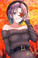 1girl asakura_toru autumn_leaves belt beret black_belt black_dress black_hat blue_eyes blue_hair blurry blurry_background clenched_teeth collarbone commentary_request dress ear_piercing earrings hand_up hat highres idolmaster idolmaster_shiny_colors jewelry koya_(koya_x_00) long_hair long_sleeves looking_at_viewer off-shoulder_dress off_shoulder open_mouth parted_bangs piercing purple_hair signature sleeves_past_wrists solo teeth