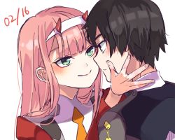 Rule 34 | 10s, 1boy, 1girl, black hair, character name, commentary request, couple, darling in the franxx, face-to-face, facing another, forehead-to-forehead, green eyes, hair ornament, hairband, hand on another&#039;s face, heads together, hetero, highres, hiro (darling in the franxx), horns, long hair, long sleeves, looking at another, mekune, military, military uniform, necktie, oni horns, orange neckwear, pink hair, red horns, short hair, uniform, white hairband, zero two (darling in the franxx)