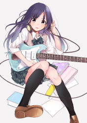 Rule 34 | 1girl, bad id, bad pixiv id, black socks, blue hair, book, bow, bowtie, brown footwear, cable, collared shirt, fly 333, green bow, green skirt, guitar, hand on headphones, headphones, instrument, kneehighs, knees together feet apart, loafers, long hair, long sleeves, looking at viewer, original, paper, pencil case, plaid, plaid skirt, pleated skirt, purple eyes, school uniform, shirt, shoes, simple background, sitting, skirt, sleeves pushed up, socks, solo, striped bow, striped bowtie, striped clothes, striped neckwear, vest, white shirt