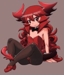 Rule 34 | 1girl, aged down, bare shoulders, black pantyhose, bow, bowtie, breasts, curly hair, demon girl, demon horns, demon tail, detached collar, full body, horns, leotard, long hair, looking at viewer, maou beluzel, matsuda yuusuke, nontraditional playboy bunny, pantyhose, playboy bunny, red eyes, red footwear, red hair, shoes, sitting, small breasts, smile, solo, tail, wrist cuffs, yuusha to maou