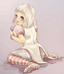 Rule 34 | 10s, 1girl, albino, alternate universe, bracelet, coat, cupcake, eyelashes, feet, food, food on face, full body, goru (cure golgom), hummy (suite precure), jewelry, kneeling, looking back, pantyhose, personification, pink background, pink eyes, precure, puffy sleeves, short hair, sitting, smile, striped clothes, striped pantyhose, suite precure, tongue, wariza, white hair