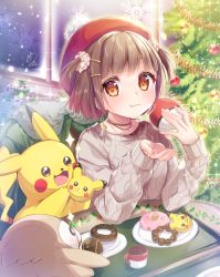 Rule 34 | 1girl, :t, blush, brown eyes, brown hair, christmas, christmas tree, closed mouth, commentary request, creatures (company), cup, doughnut, earrings, eating, eyelashes, food, game freak, gen 1 pokemon, gen 7 pokemon, hat, highres, indoors, jewelry, kisukekun, long sleeves, looking at viewer, necklace, nintendo, pikachu, plate, pokemon, pokemon (creature), red headwear, rowlet, short hair, signature, snowflakes, sparkle, sweater, tam o&#039; shanter
