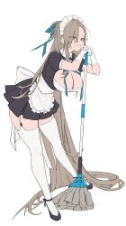 Rule 34 | 1girl, absurdly long hair, absurdres, apron, asuna (blue archive), black dress, black footwear, blue archive, blue eyes, breasts, brown hair, cleavage, dress, freng, frilled apron, frills, full body, garter straps, gloves, grin, hair bun, hair over one eye, hair ribbon, highres, holding, holding mop, large breasts, long hair, looking at viewer, maid, maid headdress, mole, mole on breast, mop, ribbon, shoes, short hair, simple background, smile, solo, thighhighs, very long hair, white apron, white background, white gloves, white thighhighs