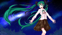 Rule 34 | 1girl, :d, aqua eyes, aqua hair, black bow, black skirt, blouse, bow, cowboy shot, green ribbon, hair bow, hatsune miku, layered skirt, long hair, long sleeves, looking away, meteor shower, neck ribbon, night, night sky, oimari, open mouth, outstretched arms, ribbon, shirt, skirt, sky, smile, solo, spread arms, star (sky), starry sky, twintails, very long hair, vocaloid, white shirt