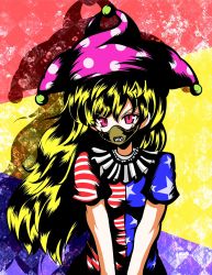 Rule 34 | &gt;:d, 1girl, :d, american flag, american flag dress, argyle, argyle background, argyle clothes, blonde hair, blue background, clownpiece, crazy, crazy smile, grin, hat, highres, jester cap, long hair, looking at viewer, mask, multicolored background, muzzle, neck ruff, open mouth, pink eyes, red background, sharp teeth, short sleeves, slit pupils, smile, solo, teeth, touhou, v-shaped eyebrows, yellow background, ziogon