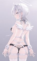 Rule 34 | 1girl, absurdres, ahoge, angel wings, areola slip, ass, back, bare shoulders, belt, black panties, blue eyes, breasts, covered erect nipples, cuffs, ear piercing, frilled panties, frills, grey hair, hair ornament, hair ribbon, hairclip, halo, harness, highres, looking back, mashiro shiki, md5 mismatch, medium hair, multicolored hair, no bra, o-ring, original, panties, piercing, profile, resolution mismatch, ribbon, sideboob, signature, simple background, solo, source larger, streaked hair, thigh strap, thighhighs, two-tone hair, underwear, white hair, wings
