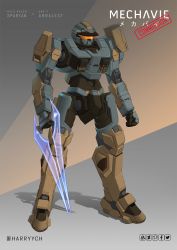 Rule 34 | arm slave (mecha), artist name, arx-7 arbalest, character name, clenched hand, commentary, crossover, deviantart logo, energy sword, english commentary, facebook logo, full metal panic!, fusion, halo: reach, halo (game), halo (series), harryych, highres, holding, holding sword, holding weapon, looking ahead, mecha, mecha focus, no humans, pixiv logo, robot, science fiction, solo, spartan (halo), sword, twitter logo, visor, weapon