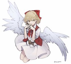 Rule 34 | angel wings, belt, blonde hair, bow, bowtie, brown belt, buttons, collared shirt, feathered wings, gengetsu (touhou), hair bow, highres, interlocked fingers, open clothes, open vest, puffy short sleeves, puffy sleeves, razuzyamu, red bow, red bowtie, red vest, shirt, short hair, short sleeves, simple background, skirt, touhou, touhou (pc-98), vest, white background, white shirt, white skirt, white wings, wings, yellow eyes