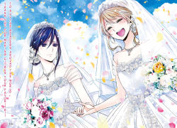 Rule 34 | 2girls, aihara mei, aihara yuzu, bare shoulders, black hair, blonde hair, bouquet, bridal veil, citrus (saburouta), couple, dress, earrings, closed eyes, family, female focus, flower, green eyes, hair between eyes, happy, highres, holding, holding bouquet, holding hands, jewelry, long hair, looking at another, looking to the side, multiple girls, necklace, open mouth, petals, purple eyes, ring, sister, smile, step-siblings, step sister, stepsisters, veil, wedding, wedding dress, white dress, wife and wife, yuri