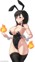 Rule 34 | 1girl, absurdres, alternate breast size, animal ears, black hair, black hairband, black leotard, black thighhighs, blush, bow, bowtie, breasts, cleavage, detached collar, en&#039;en no shouboutai, fake animal ears, fake tail, fire, fire, hairband, hand on own hip, highleg, highleg leotard, highres, hioyami, large breasts, leotard, long hair, looking at viewer, maki oze, parted lips, playboy bunny, ponytail, purple eyes, rabbit ears, rabbit tail, red bow, red bowtie, simple background, solo, tail, thighhighs, thighs, white background