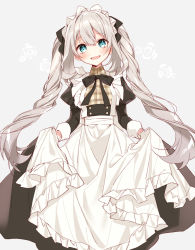 Rule 34 | 1girl, :d, alternate costume, apron, black dress, black ribbon, blue eyes, blush, commentary request, dress, enmaided, fate/grand order, fate (series), feet out of frame, floral background, frilled apron, frills, grey background, head tilt, juliet sleeves, long hair, long sleeves, looking at viewer, maid, maid headdress, marie antoinette (animejapan 2016) (fate), marie antoinette (fate), naoto (tulip), neck ribbon, official alternate costume, open mouth, puffy sleeves, ribbon, silver hair, skirt hold, smile, solo, standing, tail, twintails, very long hair, white apron