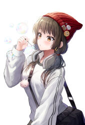 Rule 34 | 1girl, bag, beanie, black hair, blowing bubbles, blush, bubble wand, caba (caba091), earrings, emoji, hat, headphones, headphones around neck, highres, holding, holding wand, jewelry, long hair, low twintails, messenger bag, original, red hat, safety pin, shoulder bag, sidelocks, solo, sweater, thinking emoji, twintails, upper body, wand, white background, white sweater, yellow eyes