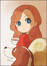 Rule 34 | 1girl, ayu (mog), basset hound, blue eyes, blush stickers, bright pupils, brown hair, closed mouth, cup, curly hair, dog, from behind, holding, katrielle layton, layton&#039;s mystery journey, looking at viewer, looking back, professor layton, red shirt, sherl, sherl (professor layton), shirt, signature, sitting, tea, teacup