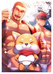 Rule 34 | 2boys, abs, bara, bare pectorals, beard, black hair, blush, brown hair, cherry blossoms, closed eyes, creature, crow (siranui), drunk, facial hair, fundoshi, green eyes, gyee, highres, japanese clothes, large pectorals, long sideburns, looking at another, male focus, male underwear, manly, mascot, multicolored hair, multiple boys, muscular, musso (gyee), navel, open clothes, open mouth, orange hair, pectorals, rand (gyee), red hair, revealing clothes, scar, sideburns, smile, sparkle, standing, stubble, underwear, upper body, white male underwear