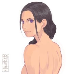 Rule 34 | 1girl, artist logo, back, black hair, breasts, closed mouth, hair over shoulder, large breasts, long hair, looking at viewer, looking back, nape, nude, original, parted bangs, purple eyes, shu-mai, simple background, smile, solo, upper body, white background