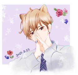 Rule 34 | 1boy, animal ears, aza-koi, blue necktie, blue shirt, border, bright pupils, brown eyes, brown hair, cat boy, cat day, cat ears, collared shirt, commentary request, covering own mouth, cropped torso, crossed bangs, dated, diamond-shaped pupils, diamond (shape), fingernails, flower, gradient hair, hair between eyes, hands over own mouth, highres, jewelry, kurachi yone, lavender background, leaf, long sleeves, looking at viewer, male focus, moji haruki, multicolored hair, necktie, outside border, plaid necktie, red flower, red rose, ring, rose, shirt, short hair, solo, steepled fingers, symbol-shaped pupils, traditional media, white border, white flower, white pupils