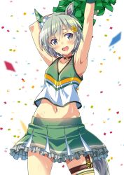 Rule 34 | 1girl, animal ears, armpits, arms up, cheering, cheerleader, collarbone, confetti, crop top, crop top overhang, ear covers, frilled skirt, frills, green eyes, green hair, green shirt, green skirt, hair between eyes, hair ornament, hairclip, highres, holding, holding pom poms, horse ears, horse girl, horse tail, looking at viewer, macaroni hourensou, midriff, miniskirt, navel, open mouth, pleated skirt, pom pom (cheerleading), pom poms, seiun sky (umamusume), shirt, short hair, simple background, skirt, sleeveless, sleeveless shirt, smile, solo, sweat, tail, two-tone shirt, two-tone skirt, umamusume, white background, white shirt