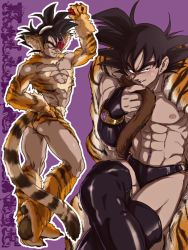 Rule 34 | 1boy, abs, alternate costume, animal costume, animal ears, animal print, ass, black hair, cat boy, cat ears, cat tail, dark skin, dragon ball, dragonball z, eyebrows, grin, male focus, muscular, naughty face, panties, pectorals, pectorals, piercing, smile, solo, tail, thick eyebrows, thighhighs, thong, tiger, tiger costume, tiger ears, tiger print, tullece, underwear