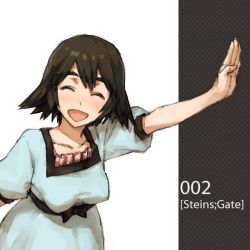 Rule 34 | 1girl, bad id, bad pixiv id, black hair, breasts, collarbone, dress, closed eyes, female focus, open mouth, outstretched hand, shiina mayuri, shoe-ji, short hair, smile, solo, steins;gate, white background