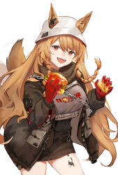 Rule 34 | 1girl, animal ears, arknights, black jacket, braid, brown eyes, brown hair, burger, ceobe (arknights), chain, commentary, dog ears, dog girl, dog tail, ema (kuguiema), food, gloves, hair between eyes, hat, holding, holding food, jacket, long hair, long sleeves, looking at viewer, open clothes, open jacket, open mouth, red gloves, simple background, smile, tail, teeth, upper teeth only, white background