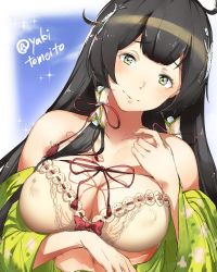Rule 34 | 10s, 1girl, bare shoulders, black hair, blush, bra, breasts, covered erect nipples, green eyes, hair ornament, hair tubes, head tilt, japanese clothes, jpeg artifacts, kantai collection, large breasts, long hair, looking at viewer, mizuho (kancolle), off shoulder, red ribbon, ribbon, sidelocks, smile, solo, twitter username, underwear, upper body, very long hair, yakitomato