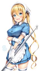 Rule 34 | 1girl, :d, apron, blend s, blonde hair, blue eyes, blue shirt, blue skirt, blush, collared shirt, commentary request, cowboy shot, dress shirt, frilled apron, frills, hair between eyes, hinata kaho, holding, long hair, looking at viewer, open mouth, pleated skirt, puffy short sleeves, puffy sleeves, shiero., shirt, short sleeves, simple background, skirt, smile, solo, stile uniform, teeth, thighhighs, twintails, uniform, upper teeth only, very long hair, waist apron, waitress, white apron, white background, white thighhighs