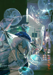 Rule 34 | 1boy, a4-kalajiao, absurdres, animal, arknights, bare shoulders, black shorts, blue hair, blue hat, city, closed mouth, feet out of frame, from side, gloves, hair between eyes, hat, highres, holding, holding umbrella, hood, hood down, jellyfish, long hair, looking at viewer, looking to the side, mizuki (arknights), night, outdoors, purple eyes, rain, reflective floor, shorts, solo, squiggle, teruterubouzu, umbrella, white gloves