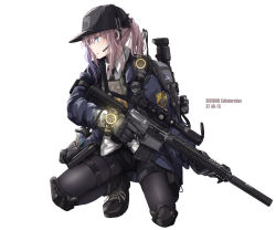 Rule 34 | 1girl, alternate costume, alternate hairstyle, ar-15, assault rifle, baseball cap, black footwear, black gloves, black necktie, black pantyhose, blue eyes, blue jacket, character name, english text, expressionless, girls&#039; frontline, gloves, griffin &amp; kryuger, grifon &amp; kryuger, gun, hair between eyes, hat, headpiece, highres, holding, holding gun, holding weapon, jacket, knee pads, long hair, mishima hiroji, multicolored hair, necktie, pantyhose, parted lips, pink hair, ponytail, purple hair, rifle, shirt, sidelocks, simple background, solo, squatting, st ar-15 (girls&#039; frontline), streaked hair, suppressor, thighhighs, tom clancy&#039;s the division, weapon, white background, white shirt