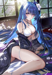 Rule 34 | 1girl, absurdres, ahoge, akizero1510, azur lane, bikini, bikini under clothes, black kimono, blue hair, breasts, criss-cross halter, floral print, flower, hair bun, hair flower, hair ornament, halterneck, helena (azur lane), helena (shimmering triangle wave) (azur lane), highres, indoors, japanese clothes, kimono, large breasts, long hair, looking at viewer, multicolored clothes, multicolored swimsuit, official alternate costume, open clothes, open kimono, purple eyes, sidelocks, smile, solo, swimsuit, swimsuit under clothes, two-tone bikini, very long hair
