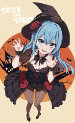 1girl black_bow black_bowtie black_choker black_footwear black_hat black_leotard black_sleeves blue_eyes blue_hair blush bow bowtie breasts brown_pantyhose choker cleavage commentary fang floating_hair full_body gem hair_between_eyes halloween halloween_costume hat high_heels highres hololive hoshimachi_suisei kurony_(sirony) leotard long_hair nail_polish open_mouth orange_nails pantyhose pumps red_gemstone see-through_clothes see-through_sleeves short_sleeves showgirl_skirt skin_fang small_breasts solo standing star_(symbol) star_in_eye symbol_in_eye trick_or_treat virtual_youtuber witch witch_hat wrist_cuffs