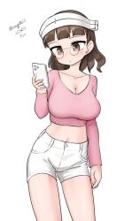 Rule 34 | 1girl, alternate costume, blunt bangs, breasts, brown eyes, brown hair, cellphone, cleavage, collarbone, contrapposto, dated, glasses, headdress, highres, kantai collection, large breasts, maru (marg0613), midriff, one-hour drawing challenge, phone, pince-nez, pink sweater, roma (kancolle), shorts, simple background, solo, standing, sweater, twitter username, wavy hair, white background, white shorts
