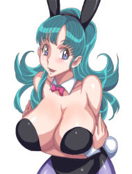 Rule 34 | 1girl, animal ears, bare shoulders, black leotard, blue eyes, bow, bowtie, breast hold, breasts, bulma, cleavage, dragon ball, dragonball z, fake animal ears, green hair, ichijiku, large breasts, leotard, long hair, looking at viewer, playboy bunny, rabbit ears, simple background, smile, solo, standing, tail, white background, wide hips
