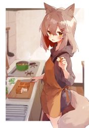 Rule 34 | 1girl, animal ear fluff, animal ears, apron, black sweater, blush, border, brown apron, brown eyes, colored inner hair, cooking pot, cowboy shot, cutting board, food, fox ears, fox girl, fox tail, grey hair, hair between eyes, hair ornament, hairclip, holding, holding food, holding knife, hood, hood down, hooded sweater, indoors, kitchen, knife, ladle, looking at viewer, medium hair, multicolored hair, open mouth, original, outside border, red hair, rimukoro, solo, stove, sweater, tail, two-tone hair, white border