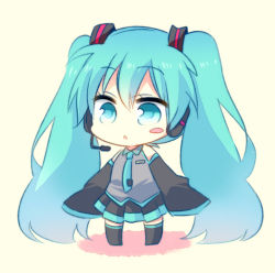 Rule 34 | 1girl, aplerichi, aqua eyes, aqua hair, chibi, detached sleeves, hatsune miku, headset, long hair, necktie, skirt, sleeves past wrists, solo, twintails, very long hair, vocaloid