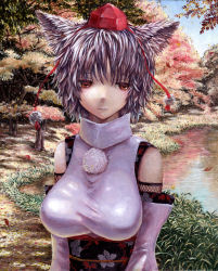 Rule 34 | 1girl, animal ears, autumn leaves, bare shoulders, blue sky, breasts, bush, dappled sunlight, day, detached sleeves, falling leaves, female focus, floral print, forest, grass, hat, inubashiri momiji, kabaji, large breasts, leaf, light smile, looking away, nature, obi, orange eyes, outdoors, path, plant, pond, reflection, road, sash, short hair, silver hair, sky, solo, sunlight, tokin hat, touhou, tree, turtleneck, underbust, upper body, water, wolf ears