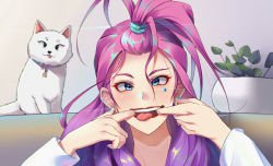 Rule 34 | 1girl, absurdres, bad id, bad pixiv id, blue eyes, cat, commentary request, dymao, finger in own mouth, green nails, hair tie, highres, jewelry, k/da (league of legends), league of legends, long hair, looking at viewer, multicolored hair, nail polish, open mouth, pink hair, portrait, red lips, seraphine (league of legends), solo, teeth, tongue, tongue out, upper teeth only